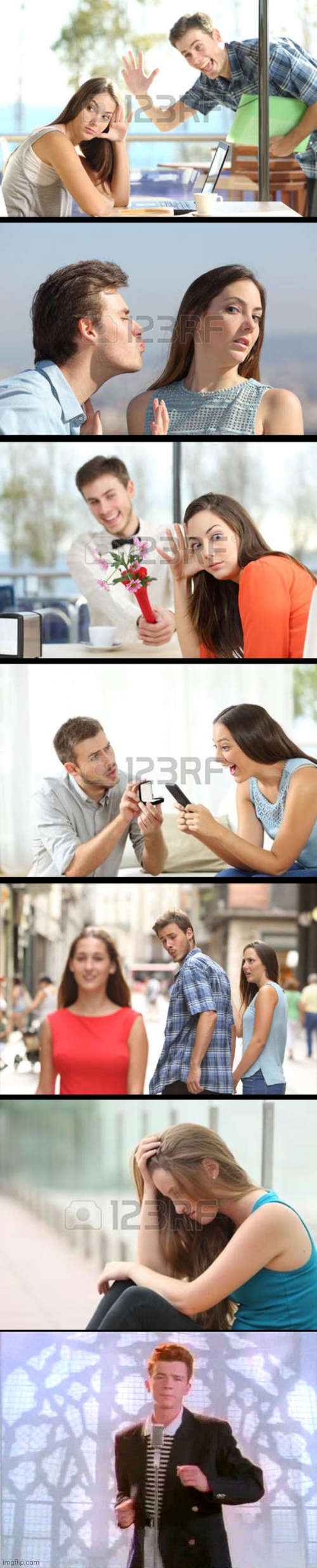 The full story of distracted boyfriend | image tagged in rickrolling | made w/ Imgflip meme maker