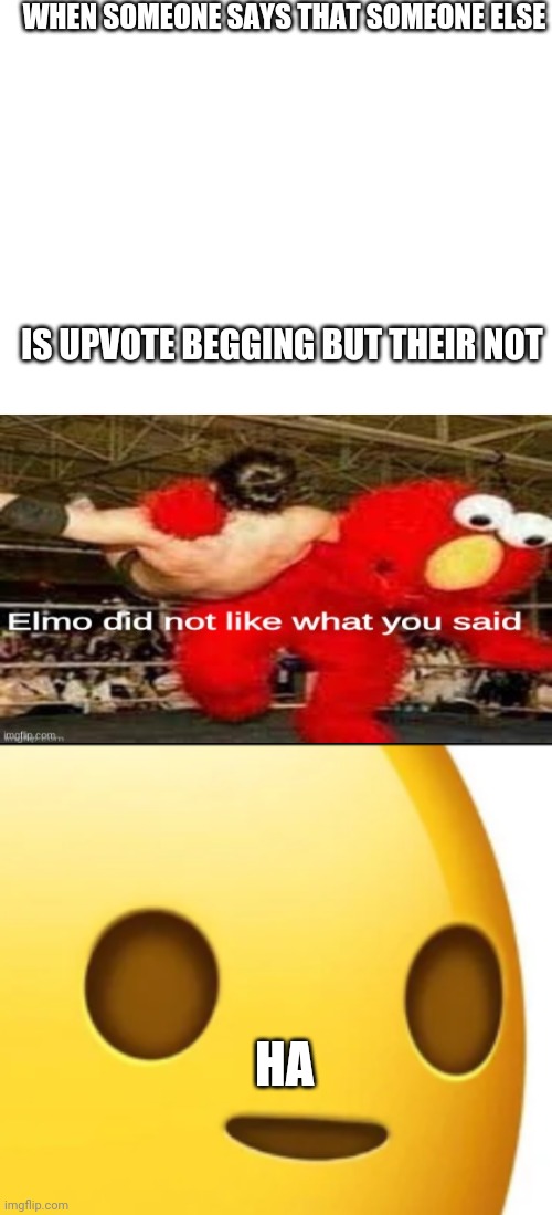 No title oof | WHEN SOMEONE SAYS THAT SOMEONE ELSE; IS UPVOTE BEGGING BUT THEIR NOT; HA | image tagged in elmo did not like what you said,whot,upvote begging | made w/ Imgflip meme maker