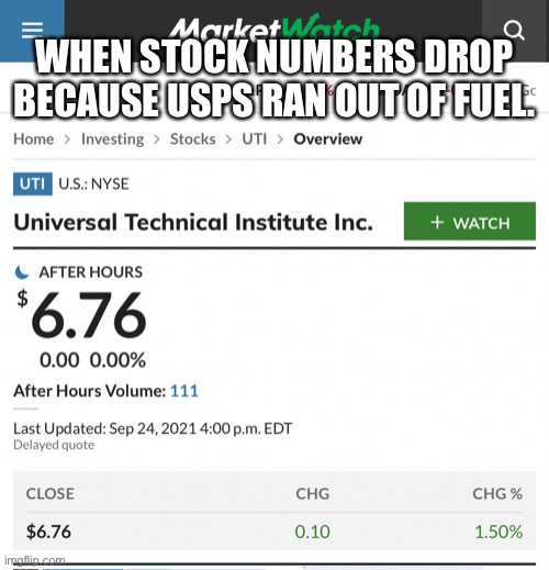 Collateral Constituents |  WHEN STOCK NUMBERS DROP BECAUSE USPS RAN OUT OF FUEL. | image tagged in stock market,usps,automotive | made w/ Imgflip meme maker