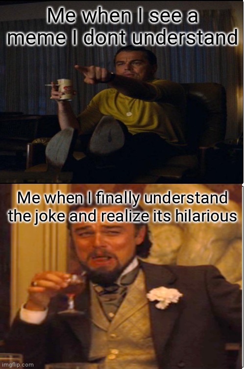 Confused leo | Me when I see a meme I dont understand; Me when I finally understand the joke and realize its hilarious | image tagged in laughing leo,leonardo dicaprio,memes,funny | made w/ Imgflip meme maker