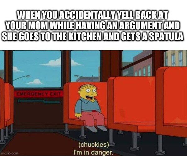 I'm in Danger + blank place above | WHEN YOU ACCIDENTALLY YELL BACK AT YOUR MOM WHILE HAVING AN ARGUMENT AND SHE GOES TO THE KITCHEN AND GETS A SPATULA | image tagged in i'm in danger blank place above | made w/ Imgflip meme maker