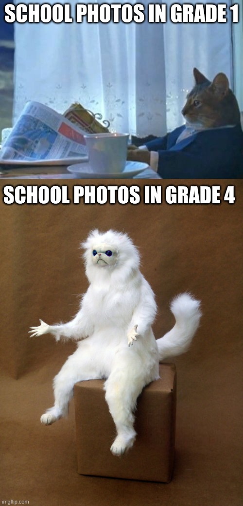 School photos | SCHOOL PHOTOS IN GRADE 1; SCHOOL PHOTOS IN GRADE 4 | image tagged in memes | made w/ Imgflip meme maker