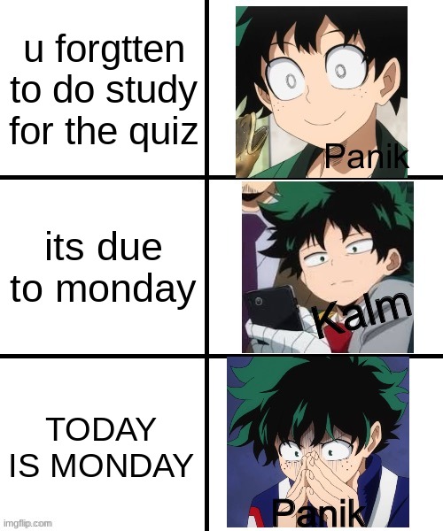 Panik Deku | u forgtten to do study for the quiz; its due to monday; TODAY IS MONDAY | image tagged in panik deku | made w/ Imgflip meme maker