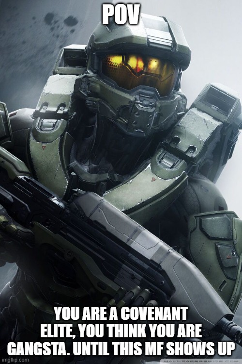 master chief | POV; YOU ARE A COVENANT ELITE, YOU THINK YOU ARE GANGSTA. UNTIL THIS MF SHOWS UP | image tagged in master chief | made w/ Imgflip meme maker