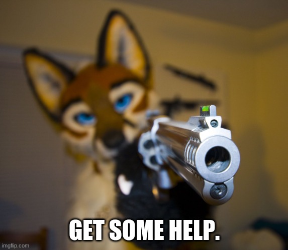 Furry with gun | GET SOME HELP. | image tagged in furry with gun | made w/ Imgflip meme maker