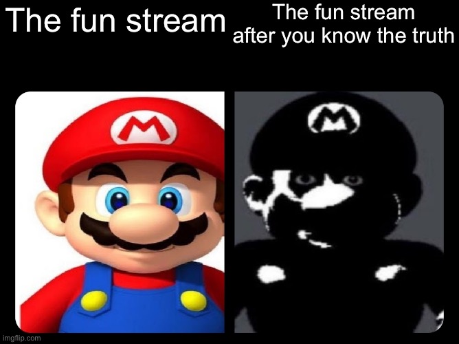 Mario V.S. Dark Mario | The fun stream after you know the truth; The fun stream | image tagged in mario v s dark mario | made w/ Imgflip meme maker