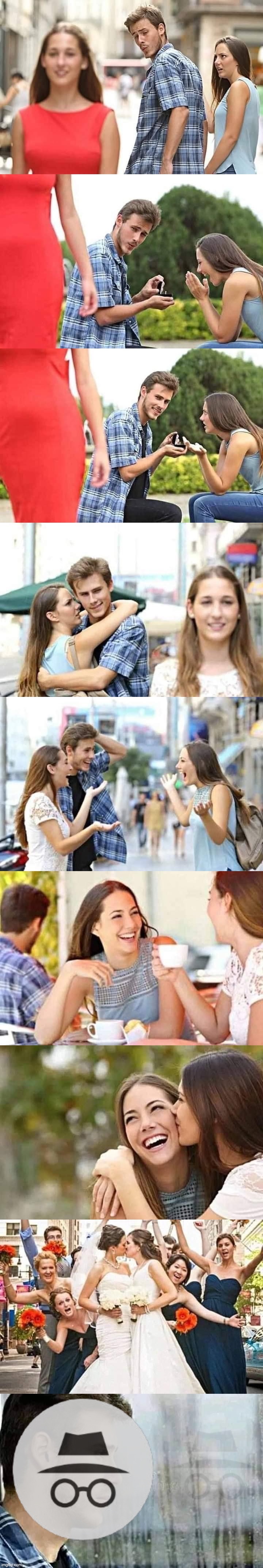 Distracted Boyfriend: The whole story. Just some wholesome fun while we wait. :) [Surprise ending!] | image tagged in distracted boyfriend full,distracted boyfriend,distracted,boyfriend,lgbtq,impeach ig | made w/ Imgflip meme maker