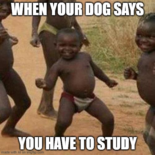 AI: When the universe disallows further procrastination [random AI generated meme] | WHEN YOUR DOG SAYS; YOU HAVE TO STUDY | image tagged in memes,third world success kid,intelligent dog,its time,study,ai meme | made w/ Imgflip meme maker
