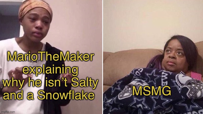 Yes | MarioTheMaker explaining why he isn’t Salty and a Snowflake; MSMG | image tagged in me explaining to my mom | made w/ Imgflip meme maker