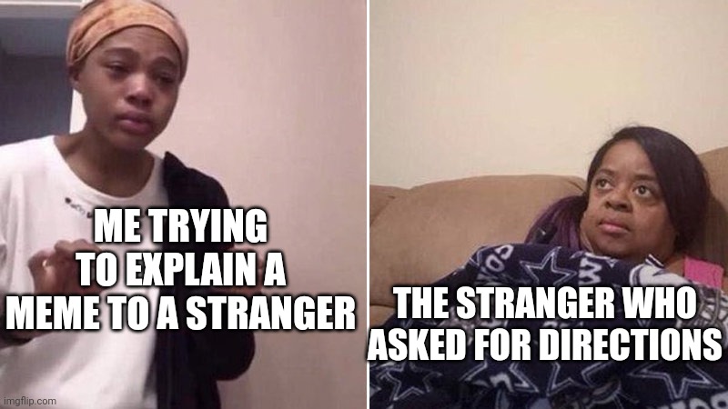 Me explaining to my mom | ME TRYING TO EXPLAIN A MEME TO A STRANGER; THE STRANGER WHO ASKED FOR DIRECTIONS | image tagged in me explaining to my mom | made w/ Imgflip meme maker