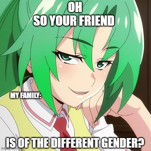 Unfortunately... | OH
SO YOUR FRIEND; MY FAMILY:; IS OF THE DIFFERENT GENDER? | image tagged in higurashi,anime,stereotypes | made w/ Imgflip meme maker