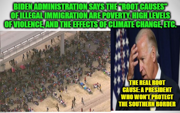 Identifying the Root Cause of Illegal Immigration | BIDEN ADMINISTRATION SAYS THE "ROOT CAUSES" OF ILLEGAL IMMIGRATION ARE POVERTY, HIGH LEVELS OF VIOLENCE, AND THE EFFECTS OF CLIMATE CHANGE, ETC. THE REAL ROOT CAUSE: A PRESIDENT WHO WON'T PROTECT THE SOUTHERN BORDER | image tagged in joe biden,illegal immigration,southern border | made w/ Imgflip meme maker