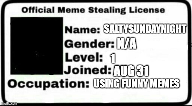 Meme Stealing License | SALTYSUNDAYNIGHT; N/A; 1; AUG 31; USING FUNNY MEMES | image tagged in meme stealing license | made w/ Imgflip meme maker