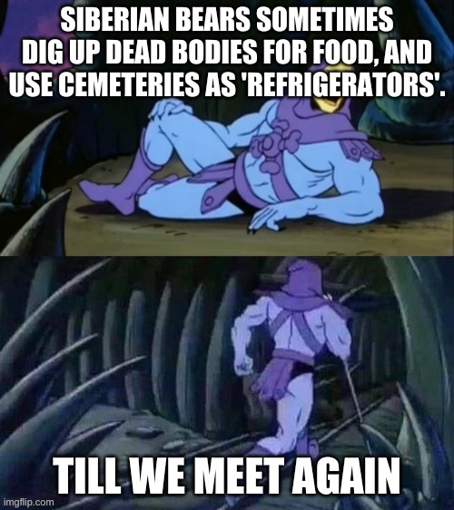 Skeletor disturbing facts | SIBERIAN BEARS SOMETIMES DIG UP DEAD BODIES FOR FOOD, AND USE CEMETERIES AS 'REFRIGERATORS'. TILL WE MEET AGAIN | image tagged in skeletor disturbing facts | made w/ Imgflip meme maker