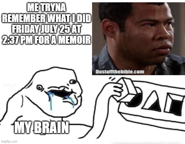 ME TRYNA REMEMBER WHAT I DID FRIDAY JULY 25 AT 2:37 PM FOR A MEMOIR; MY BRAIN | image tagged in stupid dumb drooling puzzle | made w/ Imgflip meme maker