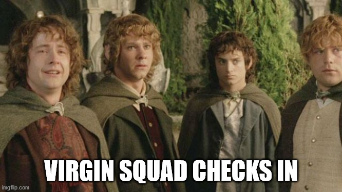 Hobbits: virgin squad checks in |  VIRGIN SQUAD CHECKS IN | image tagged in lotr,the hobbit,virgin,squad,hobbits,hobbit | made w/ Imgflip meme maker