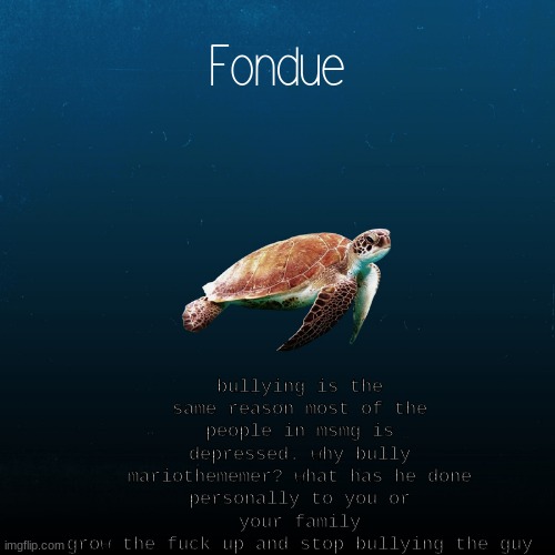 stfu kid pls | bullying is the same reason most of the people in msmg is depressed. why bully mariothememer? what has he done personally to you or your family
grow the fuck up and stop bullying the guy | image tagged in turtle template-fondue | made w/ Imgflip meme maker