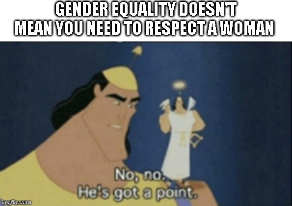 no no hes got a point | GENDER EQUALITY DOESN'T MEAN YOU NEED TO RESPECT A WOMAN | image tagged in no no hes got a point | made w/ Imgflip meme maker