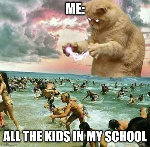 Giant Cat on beach | ME:; ALL THE KIDS IN MY SCHOOL | image tagged in giant cat on beach | made w/ Imgflip meme maker