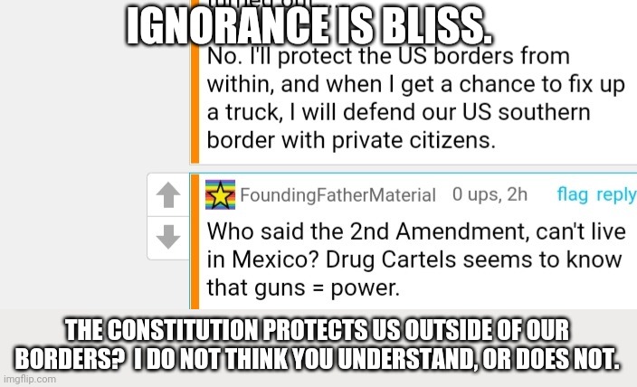 I love all of these up and coming constitutional lawyers we have her on imgflip. | IGNORANCE IS BLISS. THE CONSTITUTION PROTECTS US OUTSIDE OF OUR BORDERS?  I DO NOT THINK YOU UNDERSTAND, OR DOES NOT. | image tagged in lawyer,2nd amendment right in mexico hahaha | made w/ Imgflip meme maker