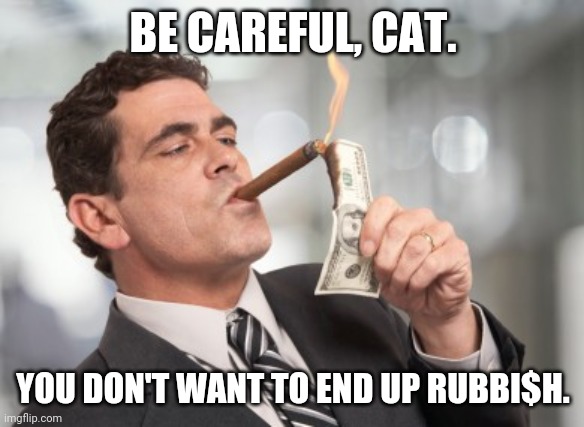 Money cigar | BE CAREFUL, CAT. YOU DON'T WANT TO END UP RUBBI$H. | image tagged in money cigar | made w/ Imgflip meme maker