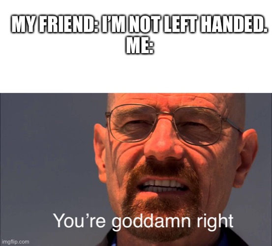 Left or right | MY FRIEND: I’M NOT LEFT HANDED.
ME: | image tagged in blank white template,your goddam right | made w/ Imgflip meme maker