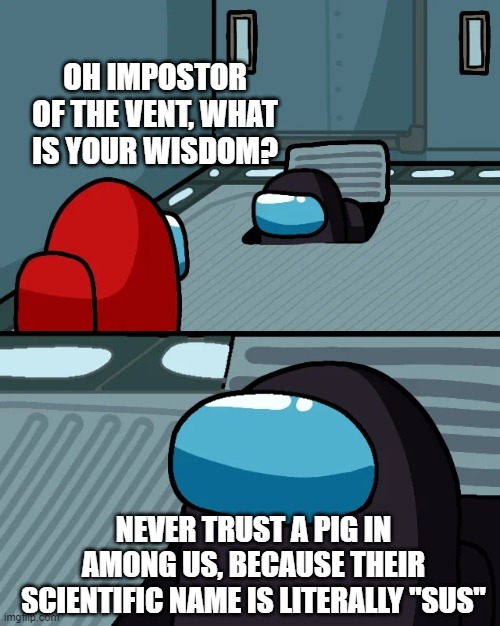 Oh impostor of the vent, what is your wisdom? | OH IMPOSTOR OF THE VENT, WHAT IS YOUR WISDOM? NEVER TRUST A PIG IN AMONG US, BECAUSE THEIR SCIENTIFIC NAME IS LITERALLY "SUS" | image tagged in impostor of the vent,among us,sus | made w/ Imgflip meme maker