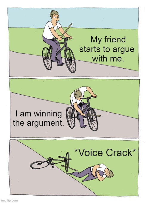 Voice Crack |  My friend starts to argue 
with me. I am winning the argument. *Voice Crack* | image tagged in memes,bike fall,argue,voice | made w/ Imgflip meme maker