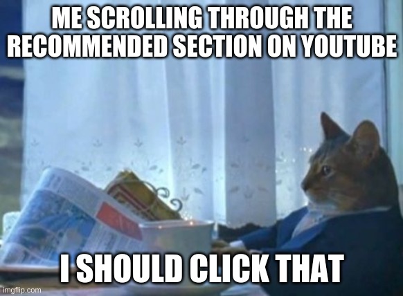 click | ME SCROLLING THROUGH THE RECOMMENDED SECTION ON YOUTUBE; I SHOULD CLICK THAT | image tagged in memes,i should buy a boat cat | made w/ Imgflip meme maker