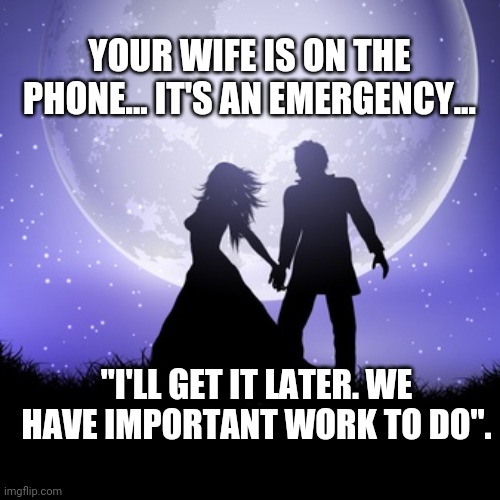 Tayne | YOUR WIFE IS ON THE PHONE... IT'S AN EMERGENCY... "I'LL GET IT LATER. WE HAVE IMPORTANT WORK TO DO". | image tagged in funny | made w/ Imgflip meme maker