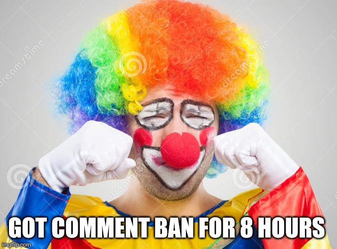 Clown crying | GOT COMMENT BAN FOR 8 HOURS | image tagged in clown crying | made w/ Imgflip meme maker