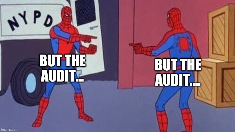 spiderman pointing at spiderman | BUT THE AUDIT... BUT THE AUDIT.... | image tagged in spiderman pointing at spiderman | made w/ Imgflip meme maker