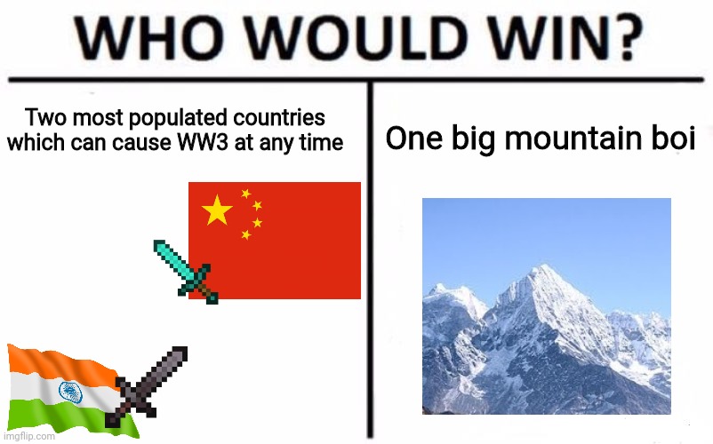 Hjgsexek gusd kfuibkdsjvubgvbgsrkfu | Two most populated countries which can cause WW3 at any time; One big mountain boi | image tagged in memes,who would win,india,vs,china | made w/ Imgflip meme maker