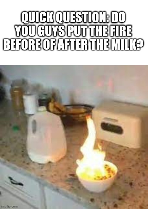 i put it in after. | QUICK QUESTION: DO YOU GUYS PUT THE FIRE BEFORE OF AFTER THE MILK? | image tagged in blank white template | made w/ Imgflip meme maker