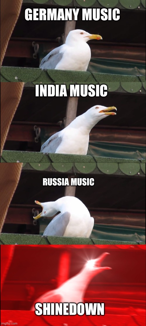Inhaling Seagull Meme | GERMANY MUSIC; INDIA MUSIC; RUSSIA MUSIC; SHINEDOWN | image tagged in memes,inhaling seagull | made w/ Imgflip meme maker