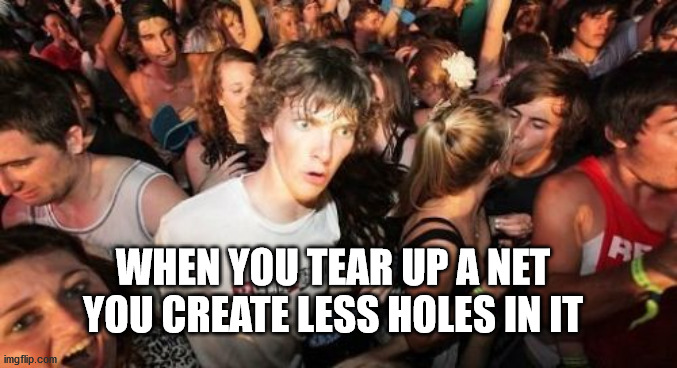 Net | WHEN YOU TEAR UP A NET YOU CREATE LESS HOLES IN IT | image tagged in memes,sudden clarity clarence,net | made w/ Imgflip meme maker