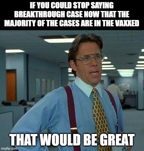 That Would Be Great | IF YOU COULD STOP SAYING BREAKTHROUGH CASE NOW THAT THE MAJORITY OF THE CASES ARE IN THE VAXXED; THAT WOULD BE GREAT | image tagged in memes,that would be great | made w/ Imgflip meme maker
