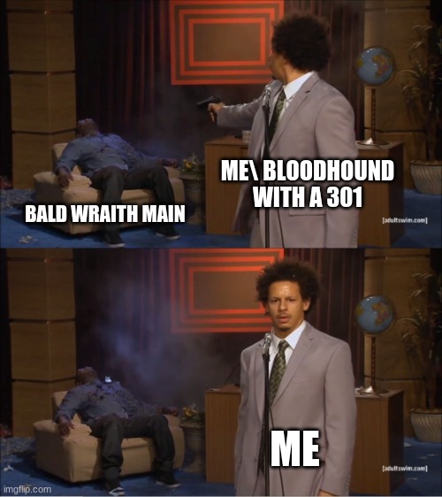 i hate wraith mains | ME\ BLOODHOUND WITH A 301; BALD WRAITH MAIN; ME | image tagged in memes,apex legends | made w/ Imgflip meme maker