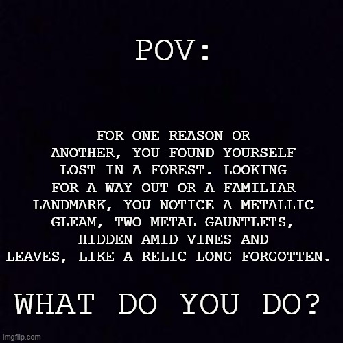 Remaking an old POV rp from a while ago. Let's see how it goes. | FOR ONE REASON OR ANOTHER, YOU FOUND YOURSELF LOST IN A FOREST. LOOKING FOR A WAY OUT OR A FAMILIAR LANDMARK, YOU NOTICE A METALLIC GLEAM, TWO METAL GAUNTLETS, HIDDEN AMID VINES AND LEAVES, LIKE A RELIC LONG FORGOTTEN. POV:; WHAT DO YOU DO? | image tagged in black screen | made w/ Imgflip meme maker