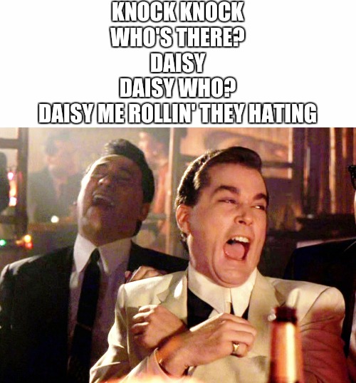 What do you think of the joke? | KNOCK KNOCK
WHO'S THERE?
DAISY
DAISY WHO?
DAISY ME ROLLIN' THEY HATING | image tagged in blank white template,memes,good fellas hilarious | made w/ Imgflip meme maker