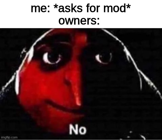 can i have mod? no? ok then. | me: *asks for mod*
owners: | image tagged in memes,funny,fun,funny memes,lol,imgflip | made w/ Imgflip meme maker