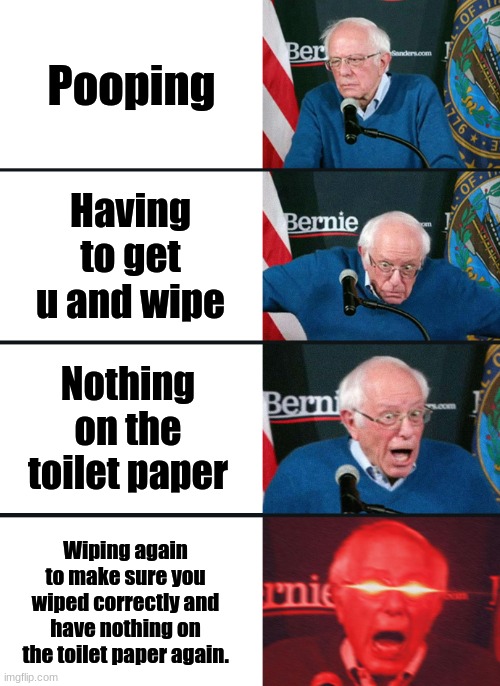 Bernie Sanders reaction (nuked) | Pooping; Having to get u and wipe; Nothing on the toilet paper; Wiping again to make sure you wiped correctly and have nothing on the toilet paper again. | image tagged in bernie sanders reaction nuked | made w/ Imgflip meme maker