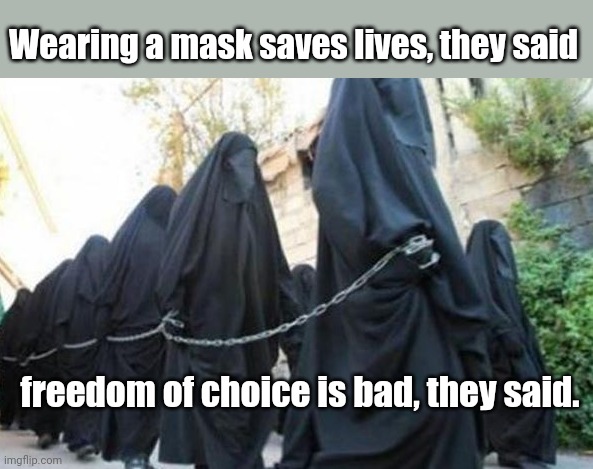 The inevitable fate of believing the overlords | Wearing a mask saves lives, they said; freedom of choice is bad, they said. | image tagged in female islamic slaves,masks,propaganda,slavery,tyranny,sheeple | made w/ Imgflip meme maker