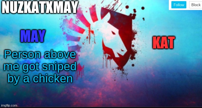 E | Person above me got sniped by a chicken | image tagged in e | made w/ Imgflip meme maker