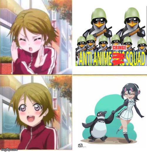 cute anime penguins vs hateful anti-anime penguins | CRINGE | image tagged in anime drake meme | made w/ Imgflip meme maker