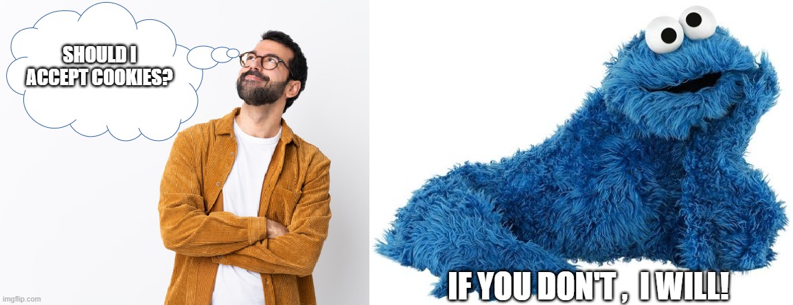 Q & A | SHOULD I ACCEPT COOKIES? IF YOU DON'T ,  I WILL! | image tagged in smirking guy with a thought balloon,cookie monster | made w/ Imgflip meme maker