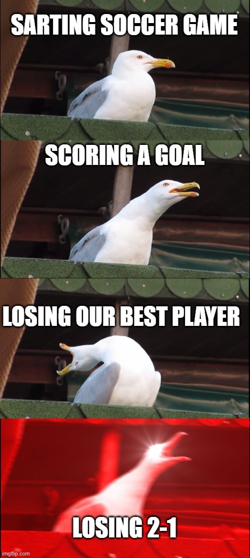 Inhaling Seagull Meme | SARTING SOCCER GAME; SCORING A GOAL; LOSING OUR BEST PLAYER; LOSING 2-1 | image tagged in memes,inhaling seagull | made w/ Imgflip meme maker