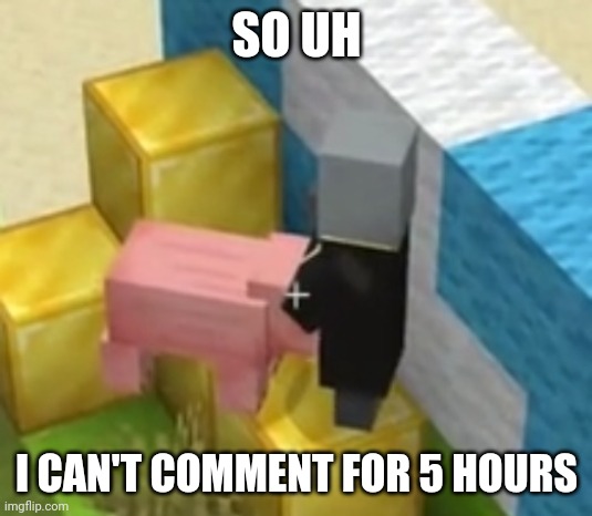 Pig giving evoker head | SO UH; I CAN'T COMMENT FOR 5 HOURS | image tagged in pig giving pillager head | made w/ Imgflip meme maker