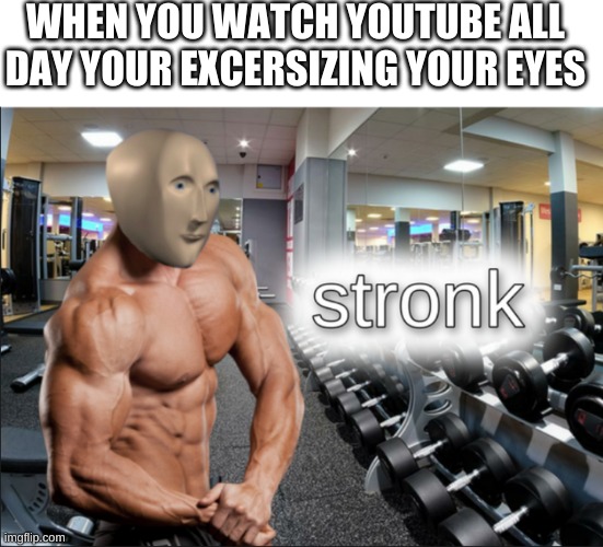 stronks | WHEN YOU WATCH YOUTUBE ALL DAY YOUR EXCERSIZING YOUR EYES | image tagged in stronks | made w/ Imgflip meme maker