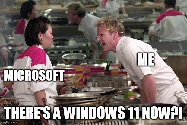 Gordon Ramsey | ME; MICROSOFT; THERE'S A WINDOWS 11 NOW?! | image tagged in gordon ramsey,memes | made w/ Imgflip meme maker